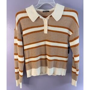 Nikkak Striped Collared Knit Sweater Small Tan Orange Retro Preppy‎ Polo Top